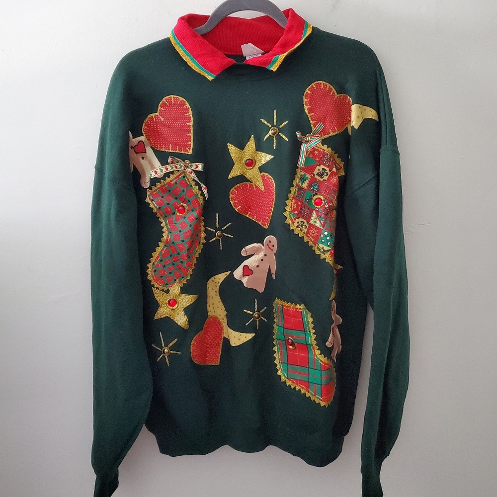 Vintage India Ink Ugly Christmas Sweatshirt Handpainted Collar 80s 90s Xmas